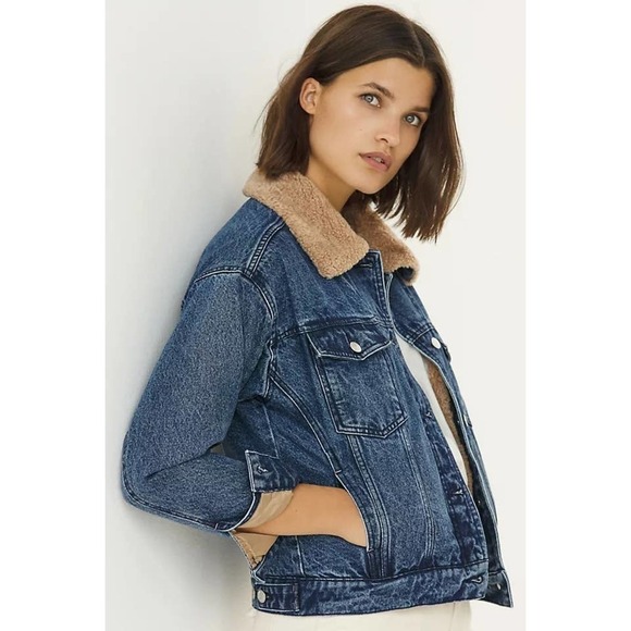 Anthropologie Pilcro Button-Front Sherpa-Trimmed Denim Jacket Medium Blue XS - Picture 2 of 14